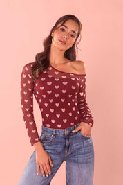 Body Manga Larga Estampado Corazones Burgundy | 10267