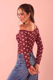 Body Manga Larga Estampado Corazones Burgundy | 10267