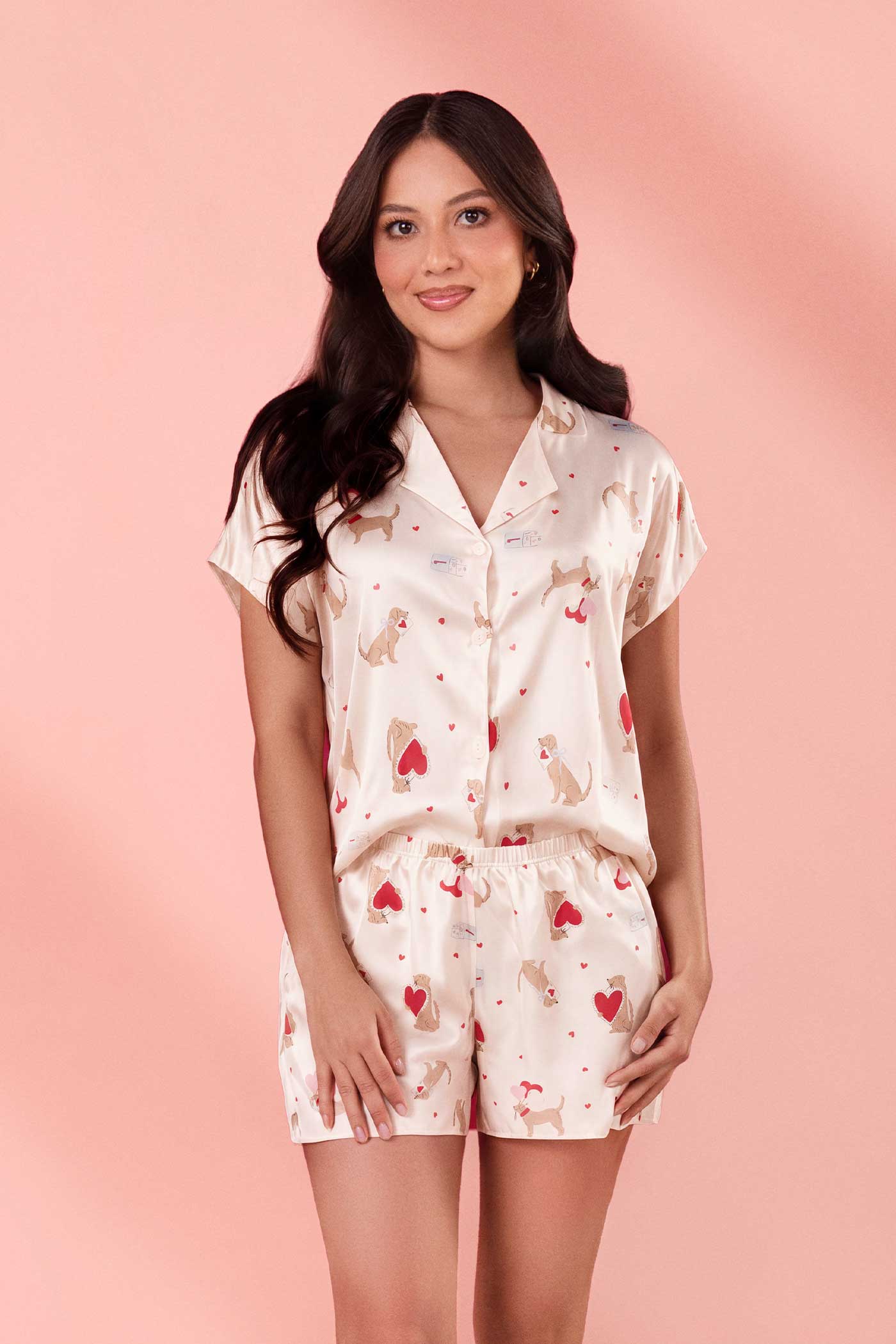 Pijama Satín Camisa y Short Perritos Corazones | 50117