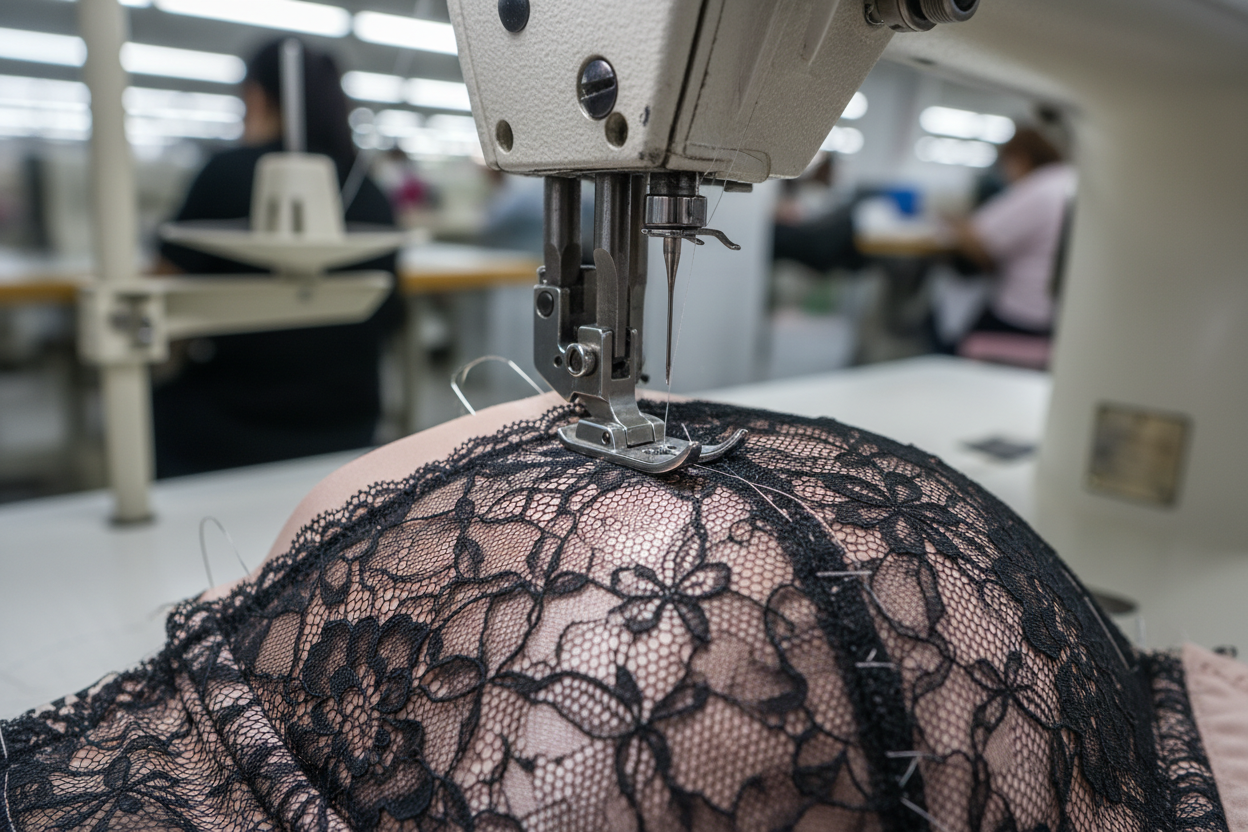 imagen de un proceso de confección de una prenda de ropa interior. Detalle sobre la maquina de cocer y la aguja y la prenda en proceso
