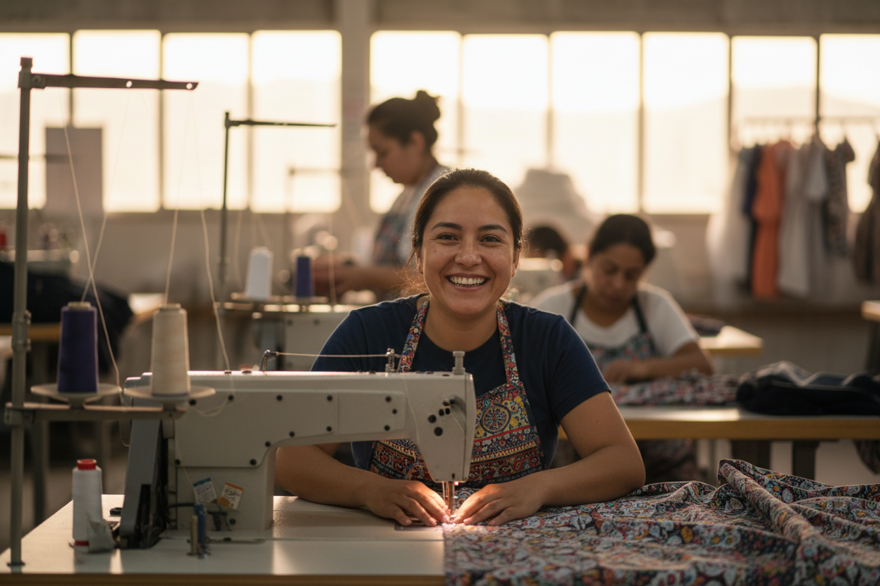 plano de medio de una empleada latina confeccionando en una maquina de coser. Se ve feliz mirando a la cámana. Al fondo se ve desenfocado el taller con otras operarias.